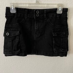 Womens Black Denim Cargo Mini Skirt Double Button Waistband Utility Pockets